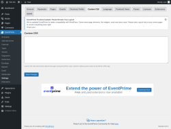 Page screenshot: EventPrime → Settings → Custom CSS