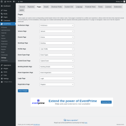 Page screenshot: EventPrime → Settings → Pages