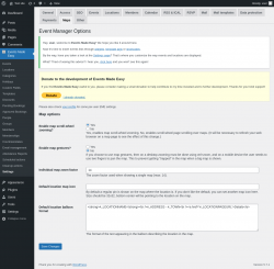 Page screenshot: Events Made Easy  → Settings → Maps