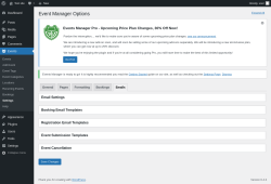 Page screenshot: Events &rarr; Settings &rarr; Emails
