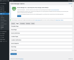 Page screenshot: Events &rarr; Settings &rarr; Pages