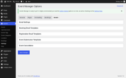 Page screenshot: Events &rarr; Settings &rarr; Emails