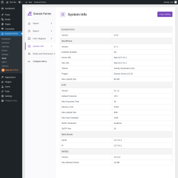Page screenshot: Everest Forms &rarr; Tools &rarr; 
							
								
  
  
    
    
  
  
    
      
    
  

							
							
								
									System Info								
								
									
								
							
						