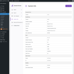 Page screenshot: Everest Forms → Tools → 
							
								
  
  
    
    
  
  
    
      
    
  

							
							
								
									System Info								
								
									
								
							
						