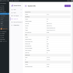 Page screenshot: Everest Forms &rarr; Tools &rarr; 
							
								
  
  
    
    
  
  
    
      
    
  

							
							
								
									System Info								
								
									
								
							
						