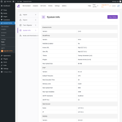 Page screenshot: Everest Forms &rarr; Tools &rarr; 
							
								
  
  
    
    
  
  
    
      
    
  

							
							
								
									System Info								
								
									
								
							
						