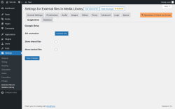 Page screenshot: Settings → External files in Medias Library → Google Drive