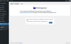 Page screenshot: File Organizer &rarr; Settings &rarr; Support