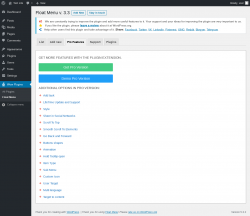 Page screenshot: Wow Plugins → Float Menu → Pro Features