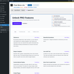 Page screenshot: Wow Plugins → Float Menu Lite → Upgrade to Pro