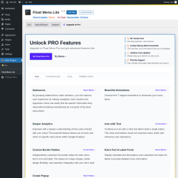 Page screenshot: Wow Plugins → Float Menu Lite → Upgrade to Pro