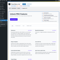 Page screenshot: Wow Plugins → Float Menu Lite → Upgrade to Pro