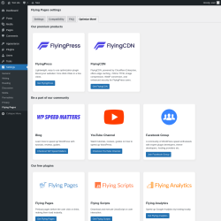 Page screenshot: Settings → Flying Pages → Optimize More!