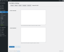 Page screenshot: FooGallery → Settings → Custom JS & CSS