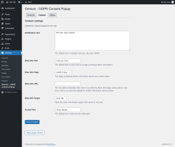 Page screenshot: Settings &rarr; Genium &ndash; GDPR Consent Popup &rarr; Content