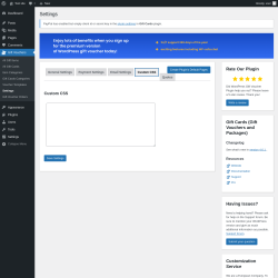 Page screenshot: Gift Vouchers → Settings → Custom CSS
