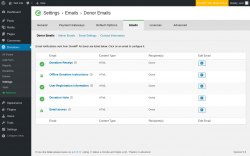 Page screenshot: Donations → Settings → Emails