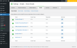 Page screenshot: Donations &rarr; Settings 1 &rarr; Emails