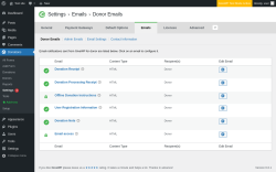 Page screenshot: Donations &rarr; Settings 1 &rarr; Emails