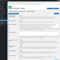 Page screenshot: GPTranslate &rarr; Settings &rarr; Incremental Translation
