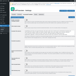 Page screenshot: GPTranslate &rarr; Settings &rarr; Incremental Translation
