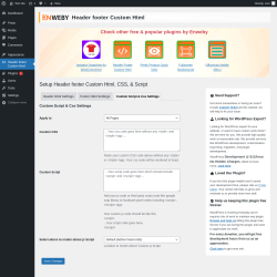 Page screenshot: Header footer Custom Html → Custom Script & Css Settings