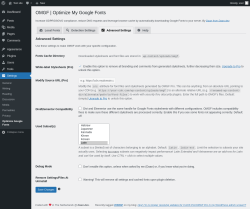 Page screenshot: Settings → Optimize Google Fonts → 
			Advanced Settings		