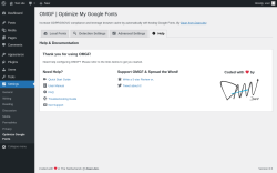 Page screenshot: Settings → Optimize Google Fonts → 
			Help        