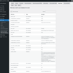 Page screenshot: Tools &rarr; Import and export users and customers &rarr; Meta keys