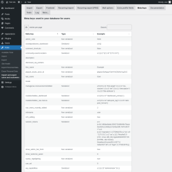 Page screenshot: Tools &rarr; Import and export users and customers &rarr; Meta keys