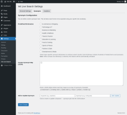Page screenshot: Settings → Init Live Search → Synonyms