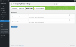 Page screenshot: Tools &rarr; LC Scripts Optimizer &rarr; Ignored Scripts