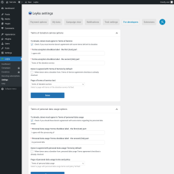 Page screenshot: Leyka &rarr; Settings &rarr; For developers