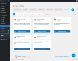Page screenshot: Leyka &rarr; Settings &rarr; Extensions