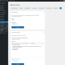Page screenshot: Leyka &rarr; Settings &rarr; Notifications