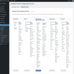 Page screenshot: LiteSpeed Cache &rarr; Presets