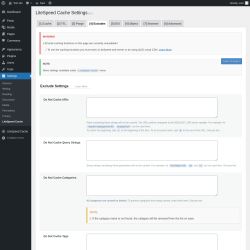 Page screenshot: Settings &rarr; LiteSpeed Cache &rarr; Excludes