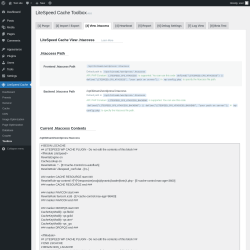 Page screenshot: LiteSpeed Cache &rarr; Toolbox &rarr; View .htaccess
