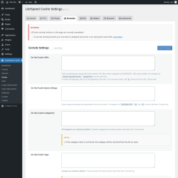 Page screenshot: LiteSpeed Cache &rarr; Cache &rarr; Excludes
