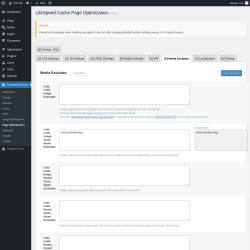 Page screenshot: LiteSpeed Cache &rarr; Page Optimization &rarr; Media Excludes
