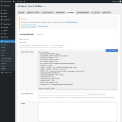 Page screenshot: LiteSpeed Cache &rarr; Toolbox &rarr; Report