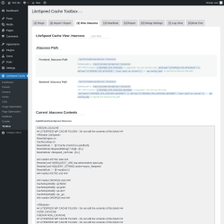 Page screenshot: LiteSpeed Cache → Toolbox → View .htaccess
