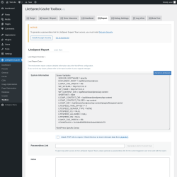 Page screenshot: LiteSpeed Cache → Toolbox → Report