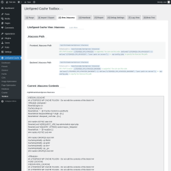 Page screenshot: LiteSpeed Cache → Toolbox → View .htaccess