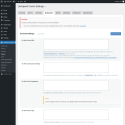Page screenshot: LiteSpeed Cache → Cache → Excludes