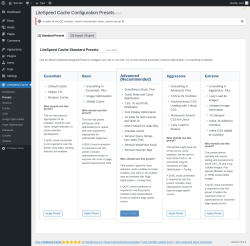 Page screenshot: LiteSpeed Cache → Presets