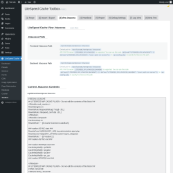 Page screenshot: LiteSpeed Cache &rarr; Toolbox &rarr; View .htaccess