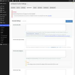 Page screenshot: LiteSpeed Cache &rarr; Cache &rarr; Excludes