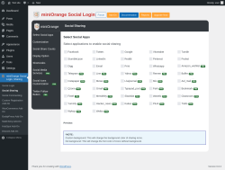 Page screenshot: miniOrange Social Login, Sharing → Social Sharing