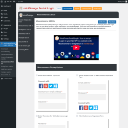 Page screenshot: miniOrange Social Login, Sharing → WooCommerce Add-On
